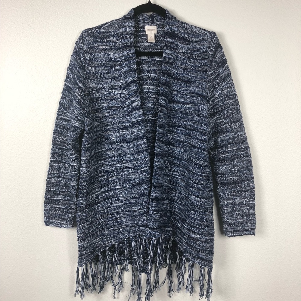Chico size 2 open sweater blue white fringe